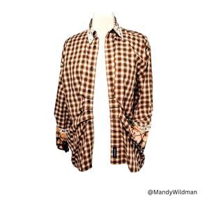 Womens upcycled boyfriend shirt brown check ruffles sz M-L unique eco friendly